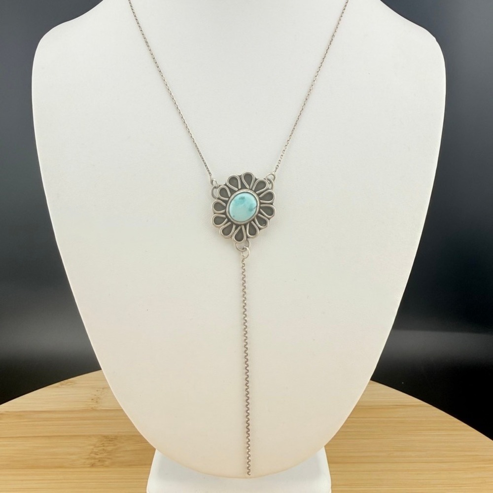 Sterling Silver Italy Turquoise Flower Lariat Necklace Boho